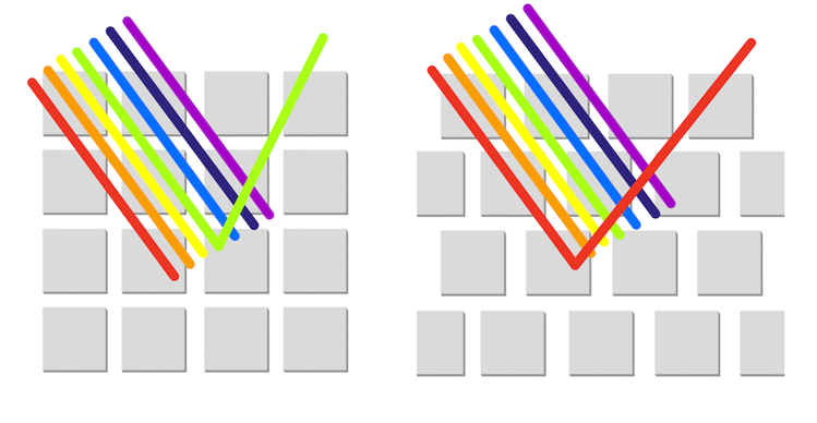 Schematic of iridophores in two different patterns, which reflect two different colors of light.