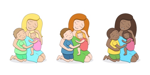 This image depicts three families, each with different colored hair. The mothers in the image sometimes have the same shade of hair as their children, but the children can also have different hair colors or shades. The family on the left has light-colored hair, the middle family has red hair, and the family on the right has dark brown hair.