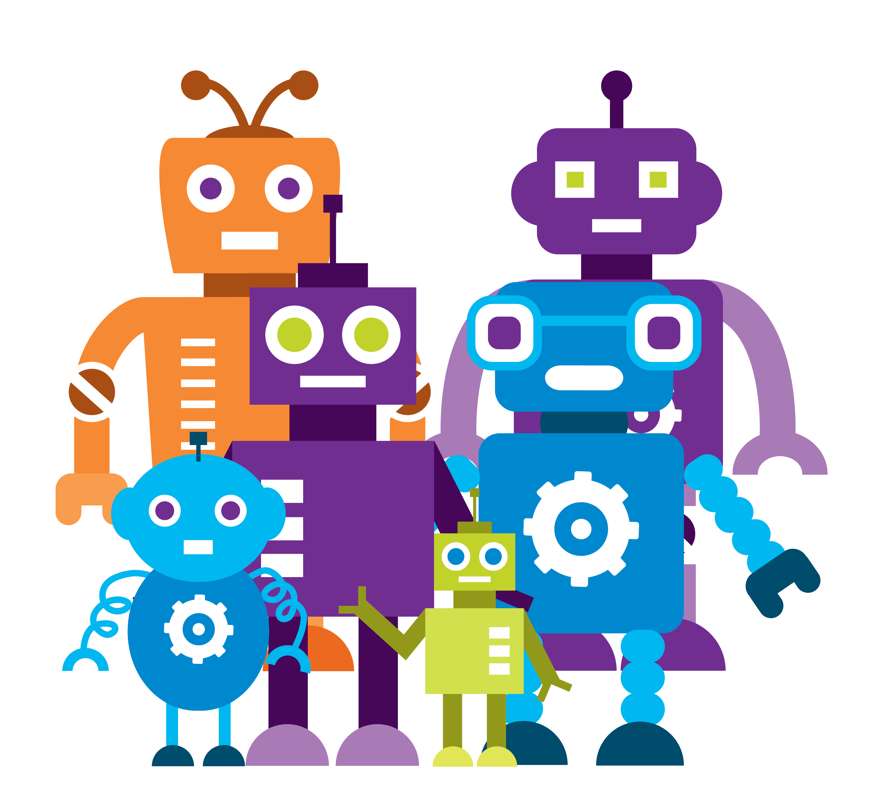 Six robots of various sizes