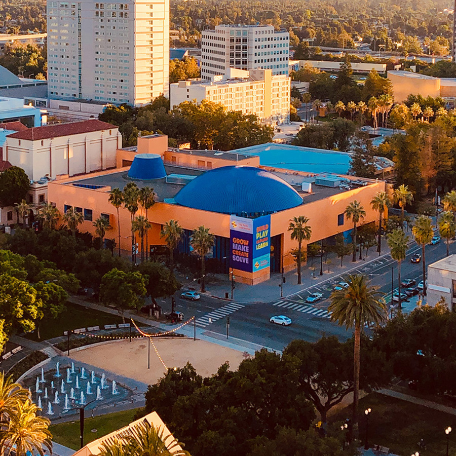 Aerial view of The Tech Interactive building in downtown San Jose