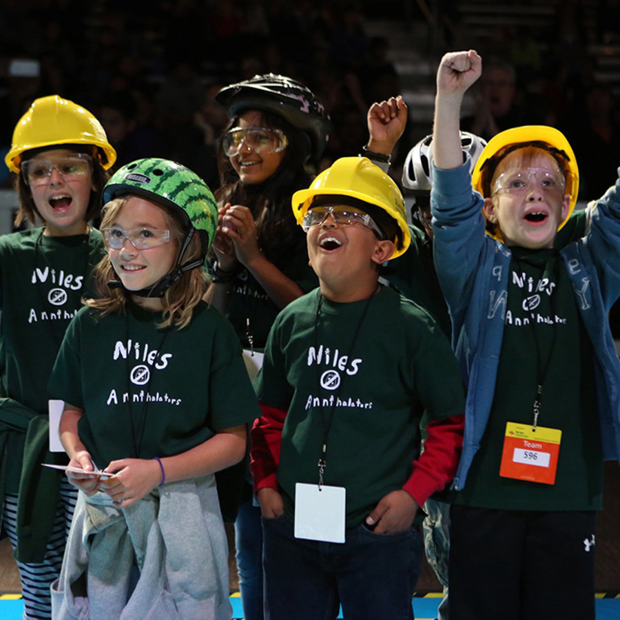 A team of 4th and 5th graders celebrating their performance at The Tech Challenge.