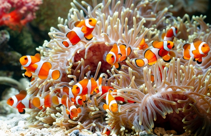 A group of clownfish are clustered among sea anemones