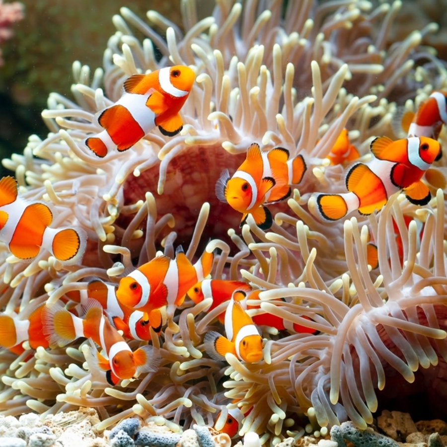 A group of clownfish are clustered among sea anemones