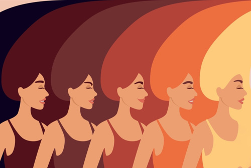 The image depicts five women, all with varying shades of red hair.